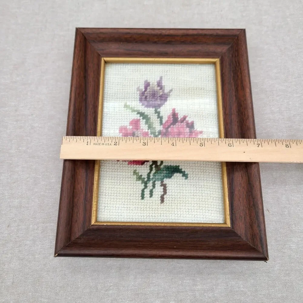 Cottagecore Gallery Wall Accent Piece: Framed Needlepoint Roses Pink Purple VTG
